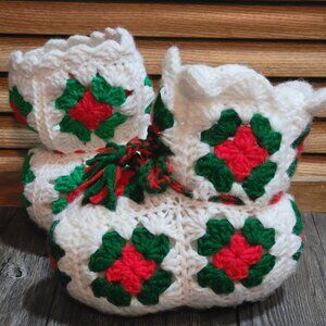 Vintage Christmas Handmade Crocheted Stocking Boots Booties Granny Squares Decor